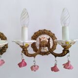 Pair of brass and porcelain wall lights