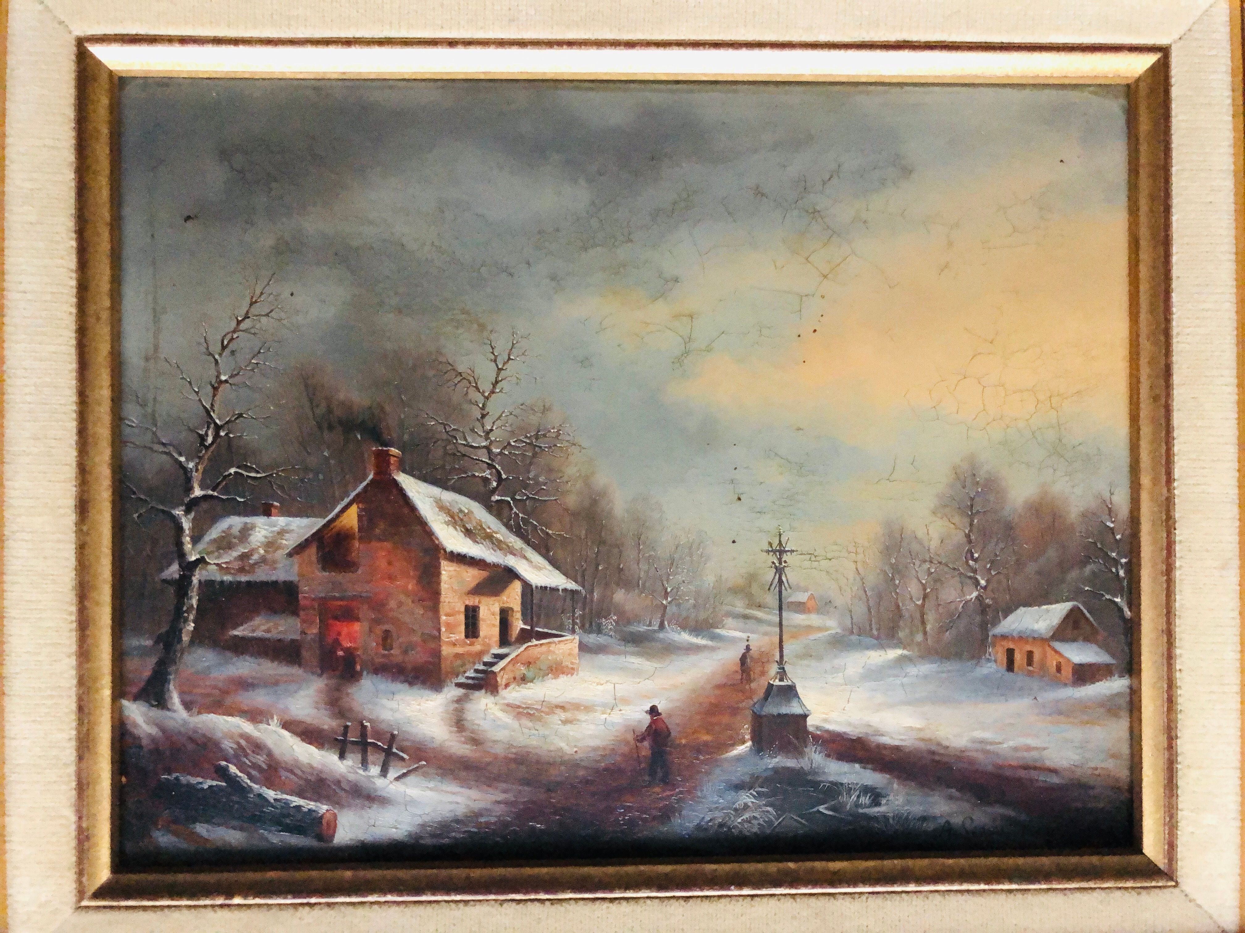 Huile sur panneau, paysage d'hiver animé