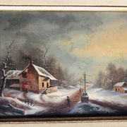 Huile sur panneau, paysage d'hiver animé