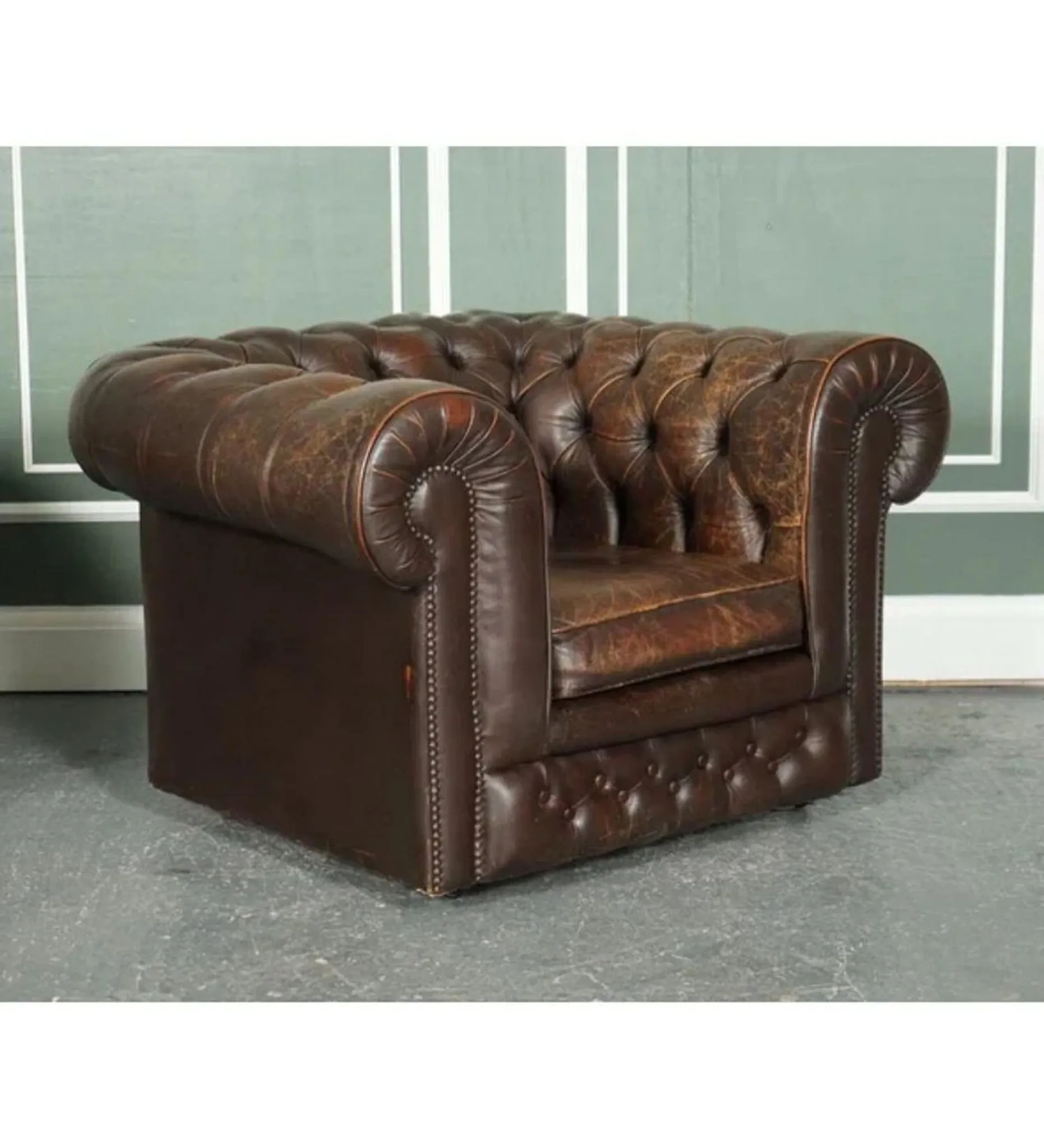 Vintage Brown Leather Chesterfield Club Tub Chairs, Set of 2