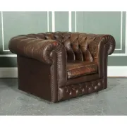 Vintage Brown Leather Chesterfield Club Tub Chairs, Set of 2