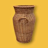 Grand panier ancien en osier tressé – forme amphore – vers 1950