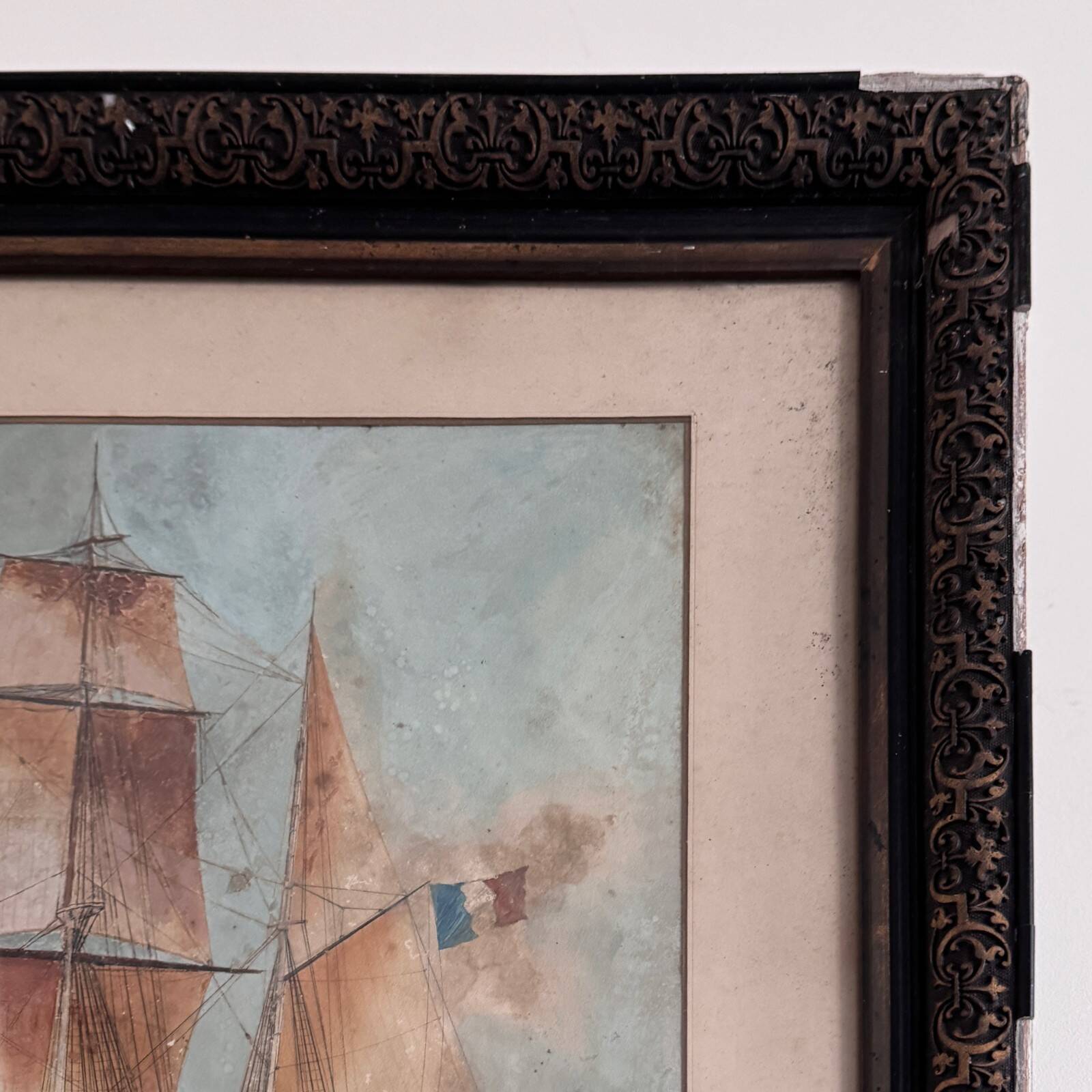 Watercolor on paper of a three-masted French ship from the 19th century by Th. Cochard