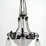 Wrought iron chandelier, tulips / pressed-molded glass bowl, Art Deco, 1930