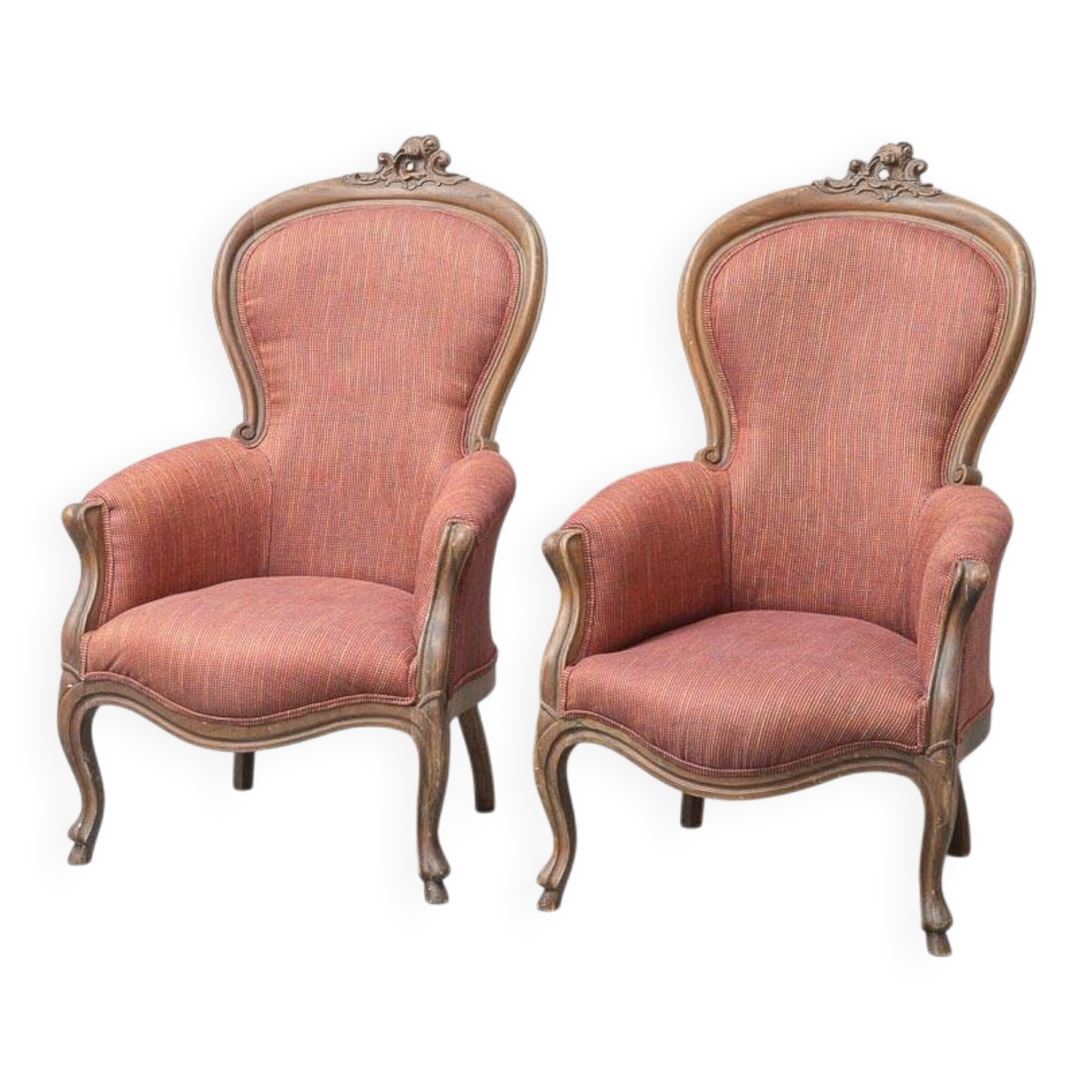 Pair of classic vintage armchairs in carved wood and fabric, 1950s