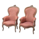 Pair of classic vintage armchairs in carved wood and fabric, 1950s