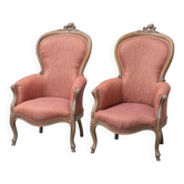 Pair of classic vintage armchairs in carved wood and fabric, 1950s
