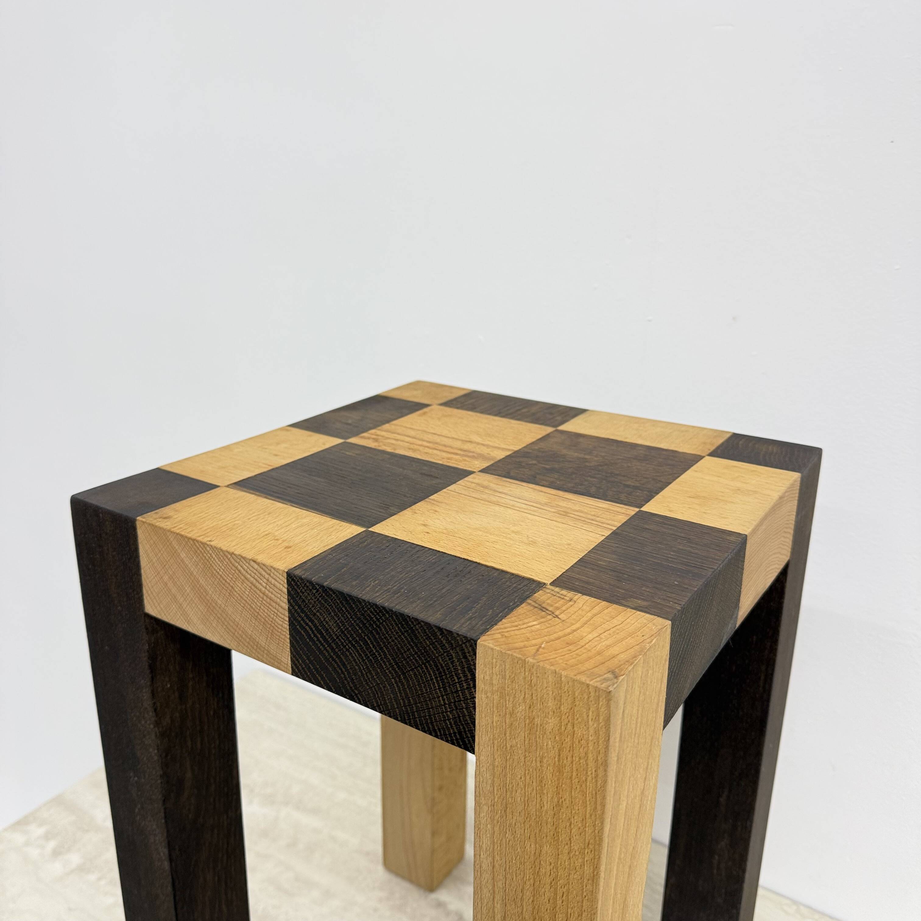 Vintage solid wooden side table chess style , 1970s