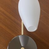 Swan neck wall light in brass and white opaline glass tulip.