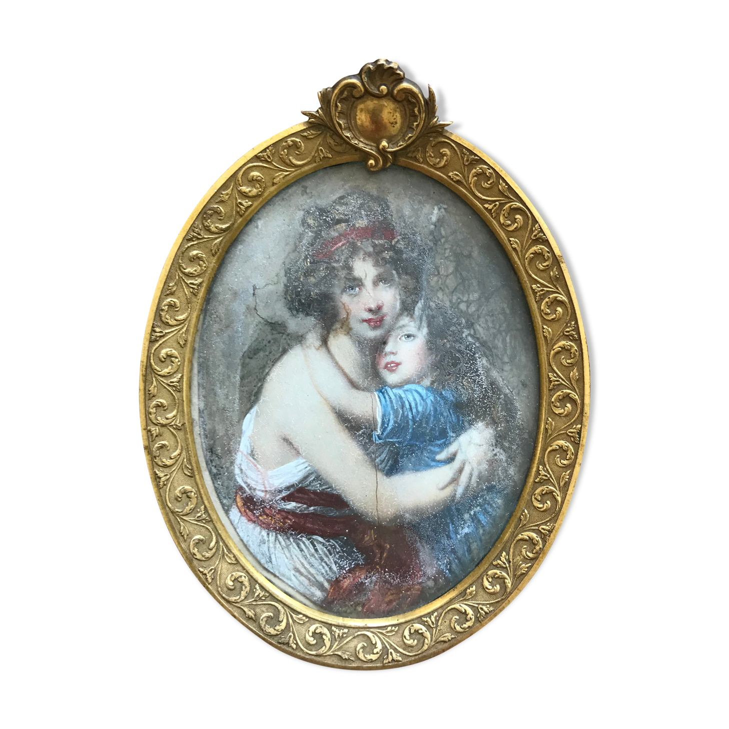 Belle miniature et son cadre en laiton doré