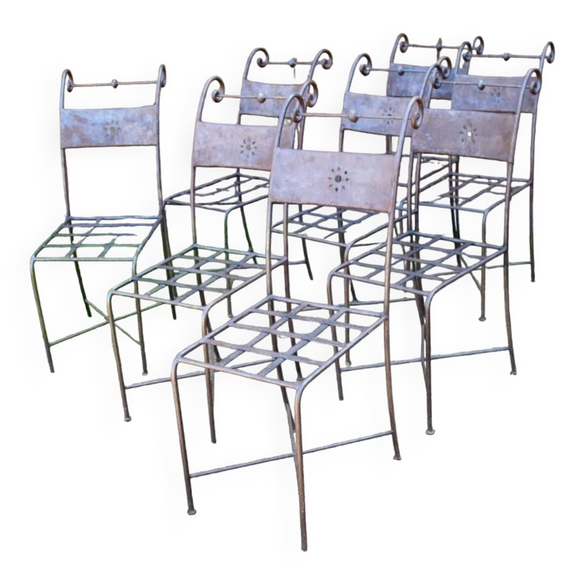 Series of 8 wrought iron garden chairs