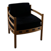 Fauteuil lounge scandinave COJA en bois et cuir, années 1960