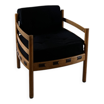 Scandinavian lounge chair COJA in wood and leather, 1960s