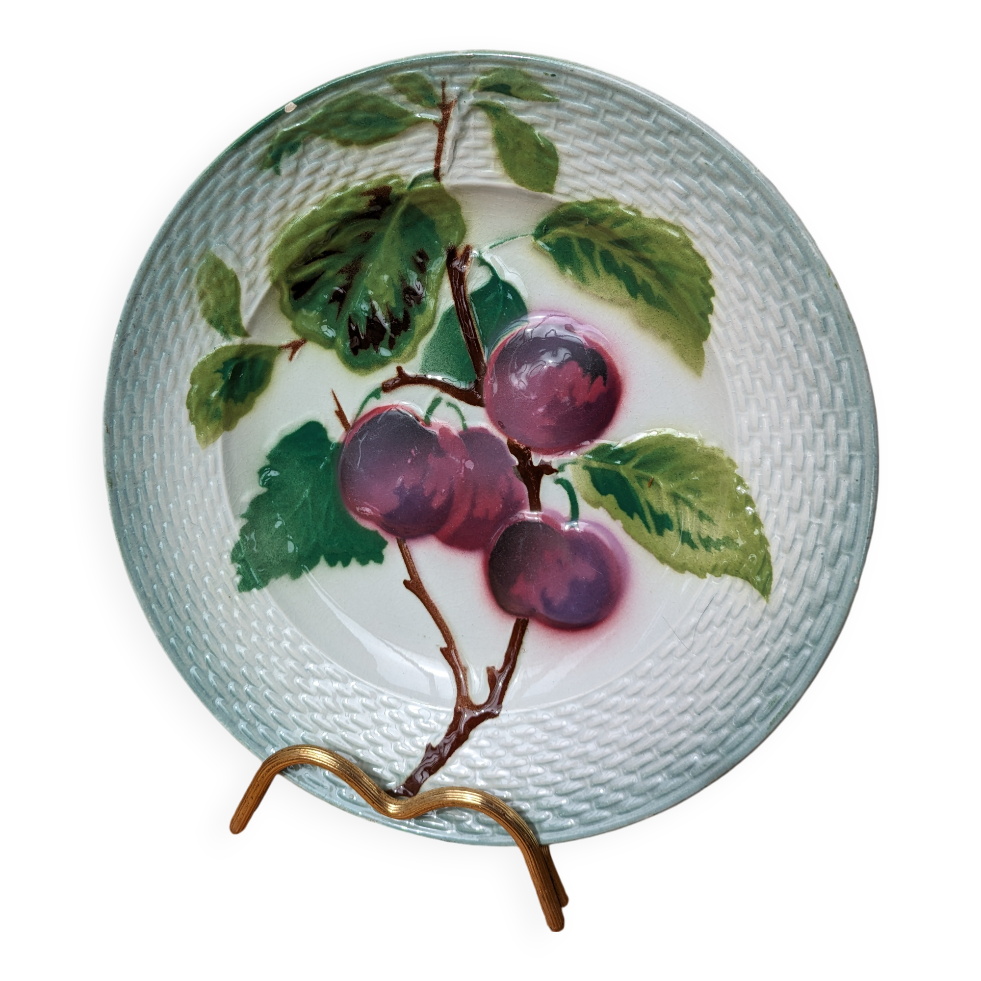 Old barbotine plate with plum motif Saint Amand Hamage