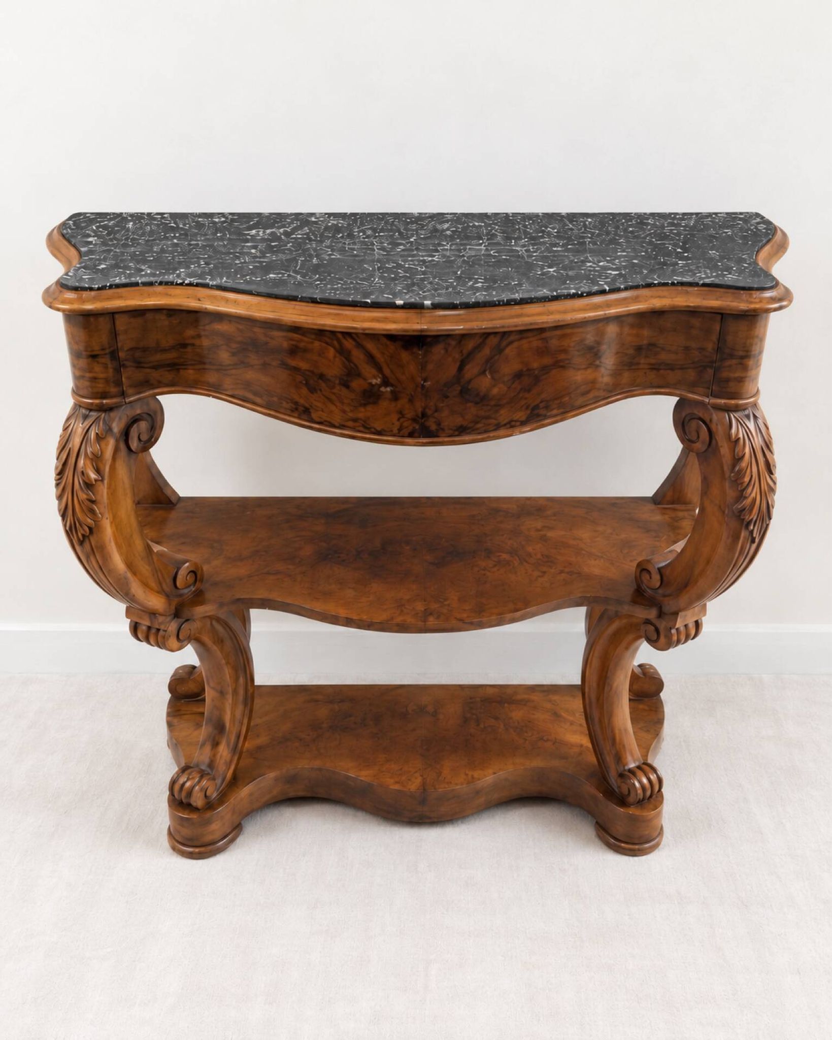Console ancienne en bois sculpté et marbre gris veiné – Style Napoléon