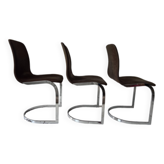 Suite de 3 chaises en métal chromé et velours marron, France 1970