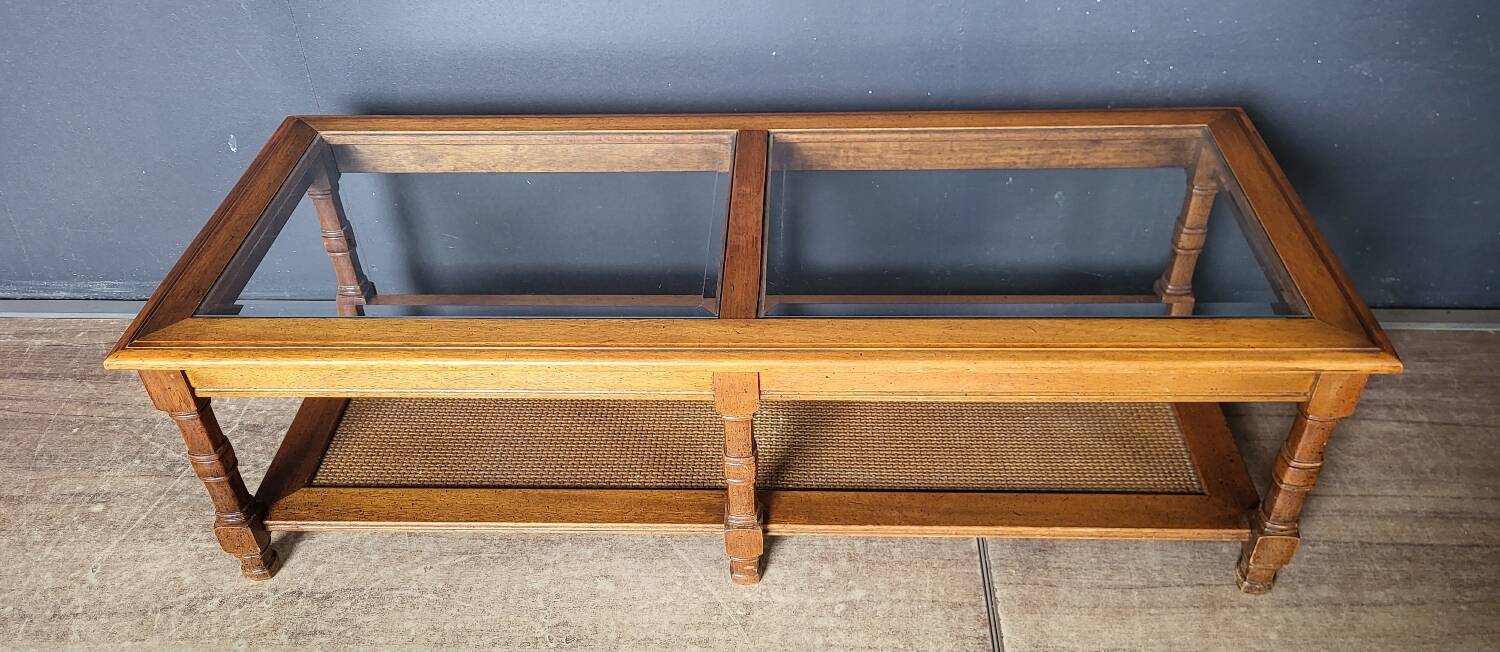 Authentic old coffee table in solid wood and rattan, beveled glass top