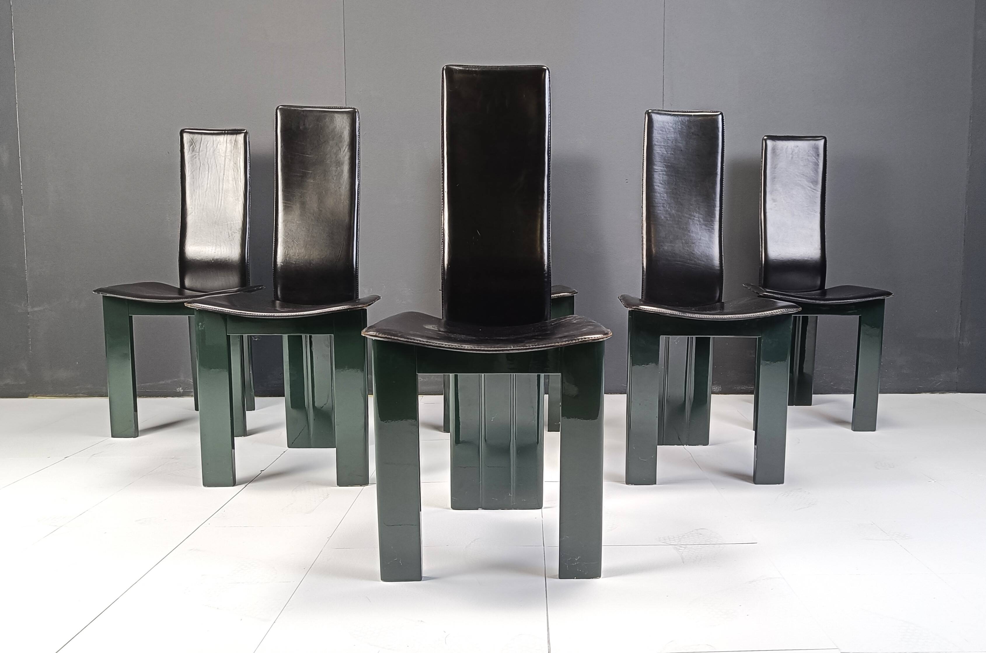 Set of 6 Italian leather and green lacquer dining chairs, 1980s