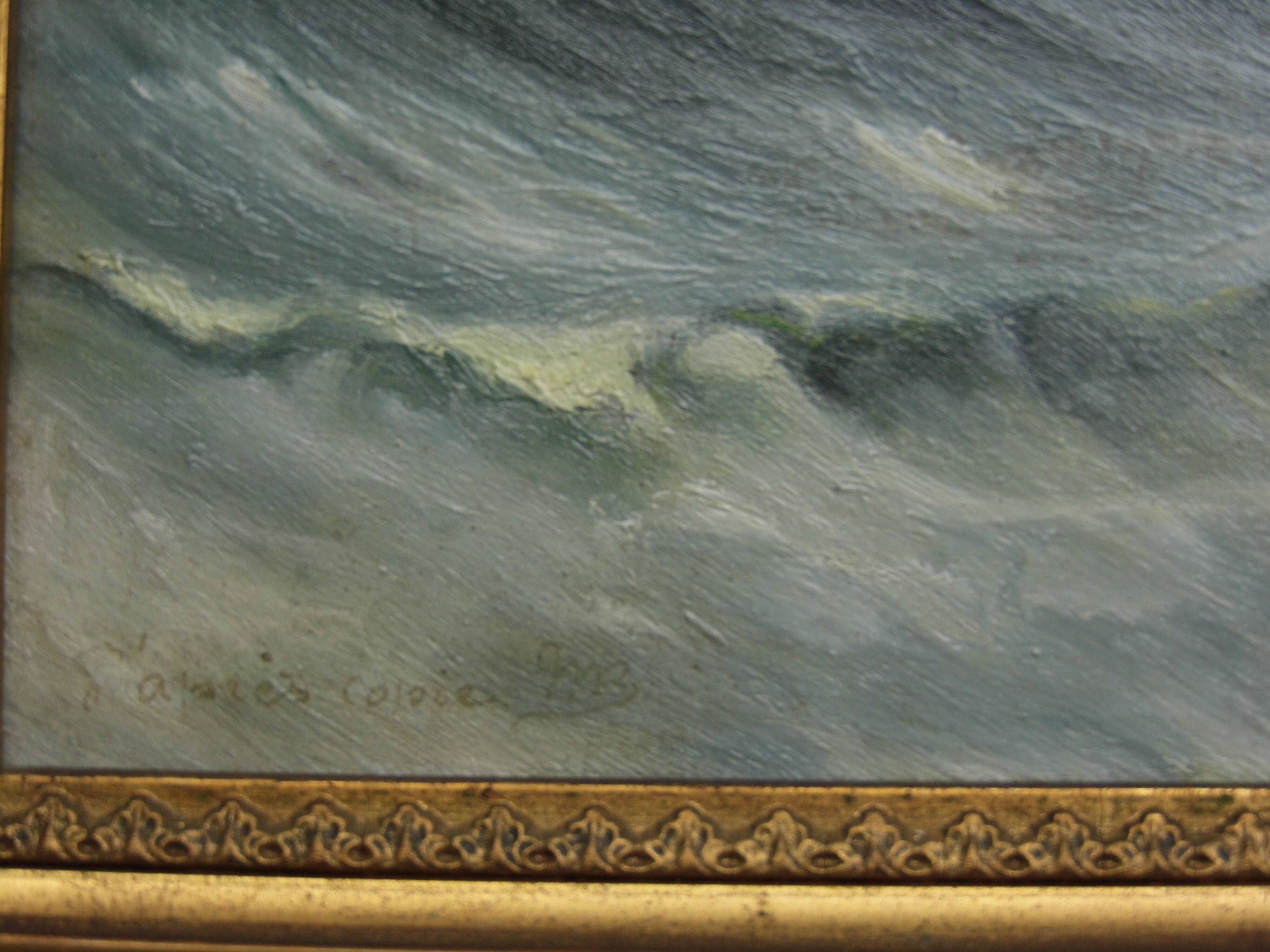 Sea painting "Marine, lighthouse in the storm, oil on canvas, late 19th century