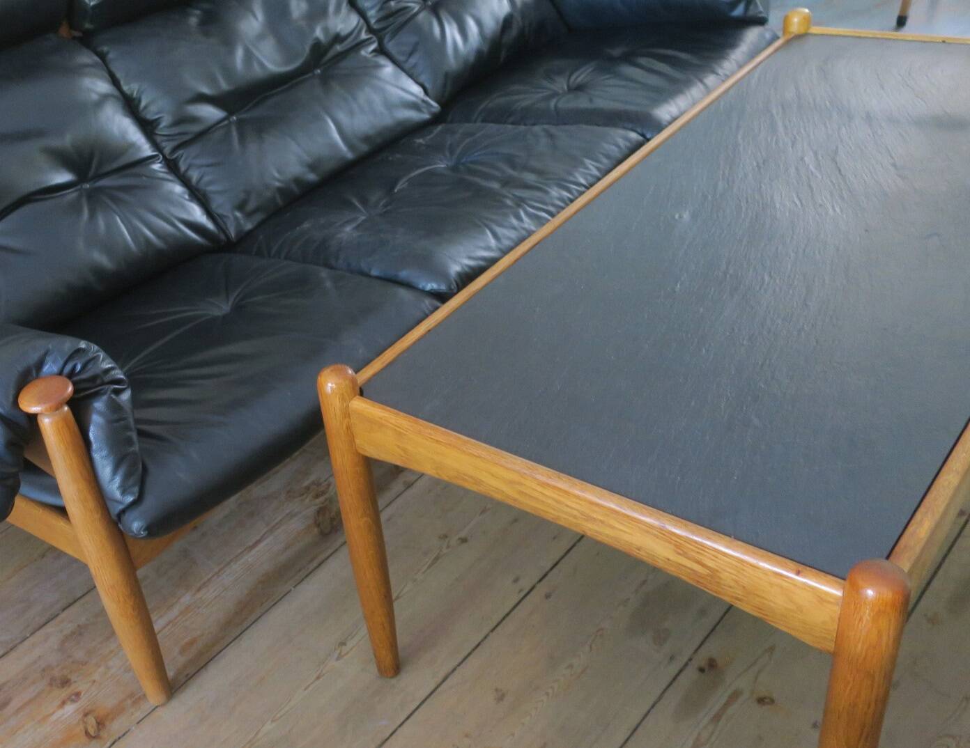 Mid century solid oak and slate coffee table by Eric Merthen, Sweden 1960s