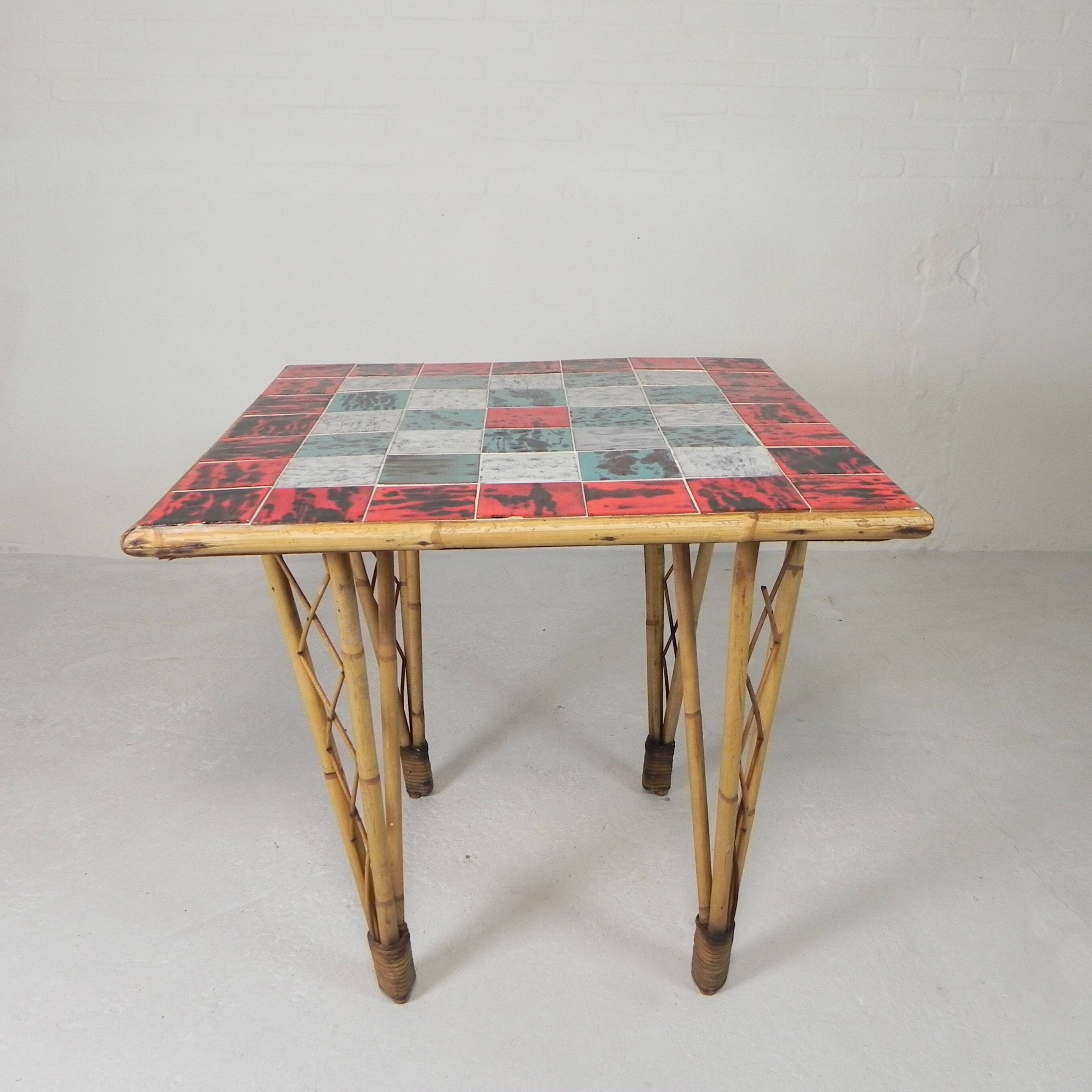 Vintage bamboo dining table with red, white and blue checks, 1950s