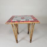 Vintage bamboo dining table with red, white and blue checks, 1950s