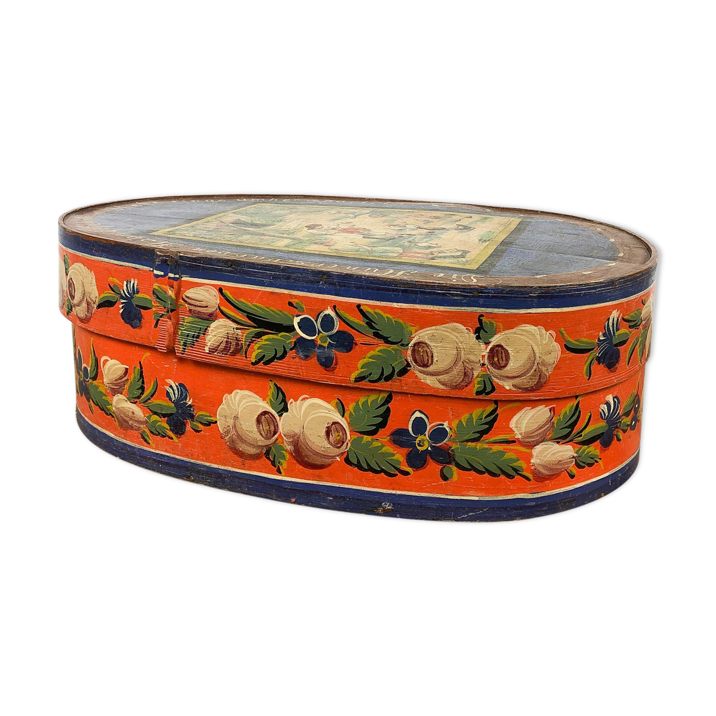 Antique blue orange painted german bride box 19th century folk art