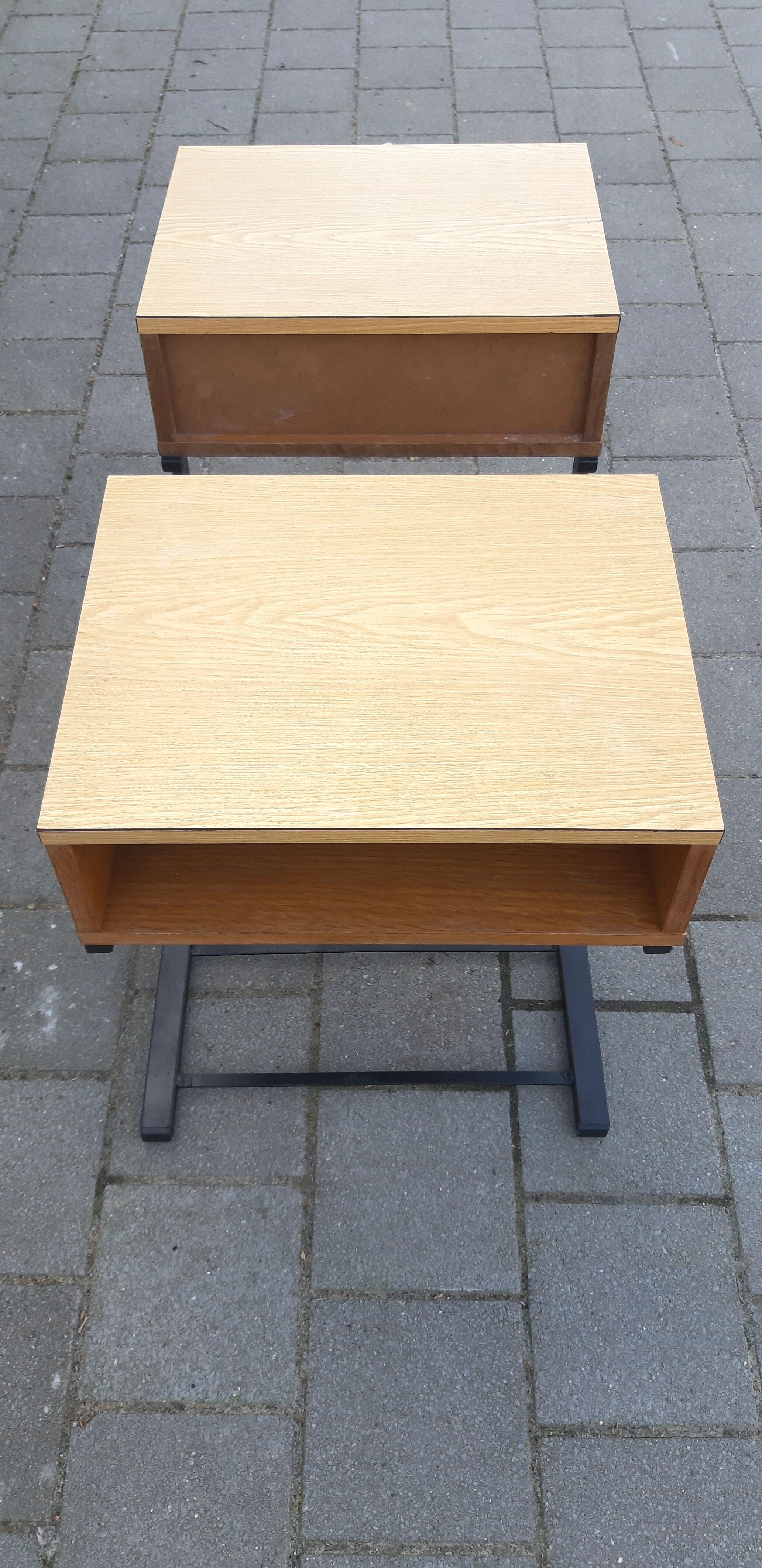 Pair of tables nightstands laminate and wood, 1950 s