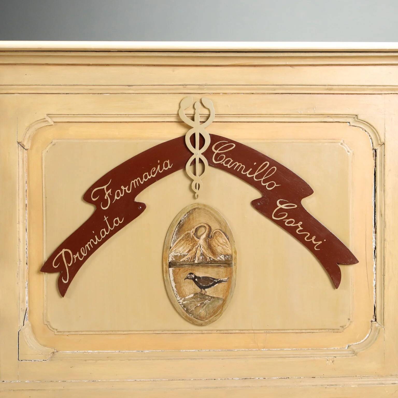 Antique pharmacy counter in lacquered walnut, Italy, late 19th century.