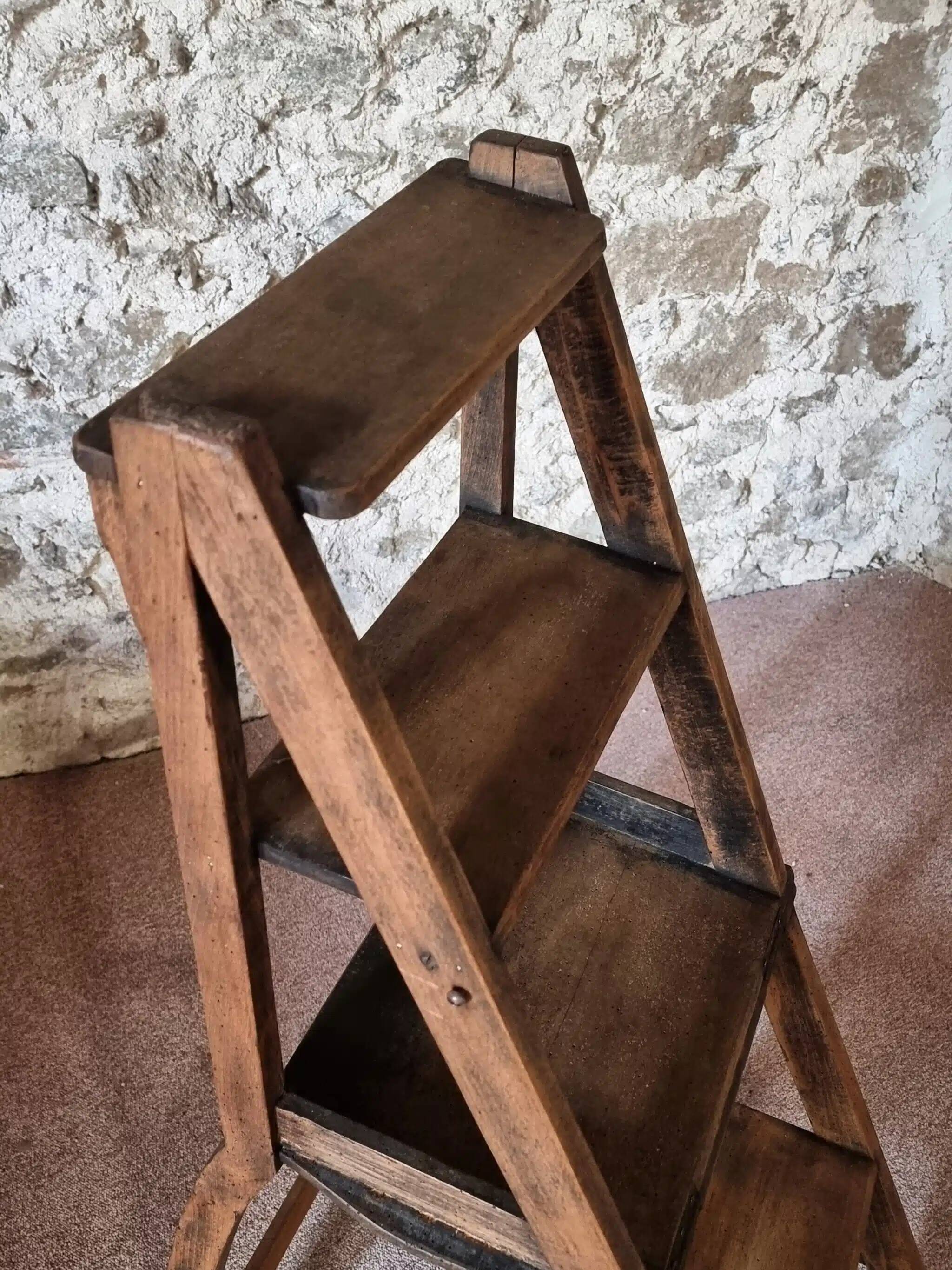 Chaise échelle de bibliothèque en chêne français antique – Tabouret escamotable
