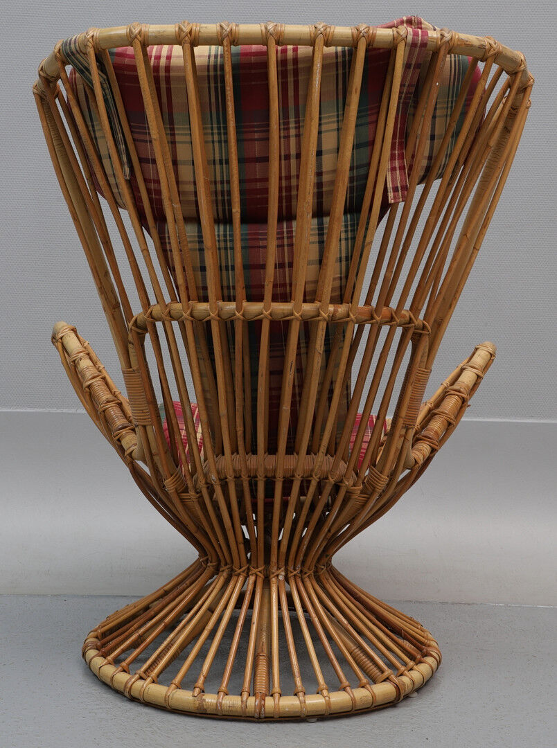 Armchair With bamboo stool covered with a cushion in suede fabrics from 1960s