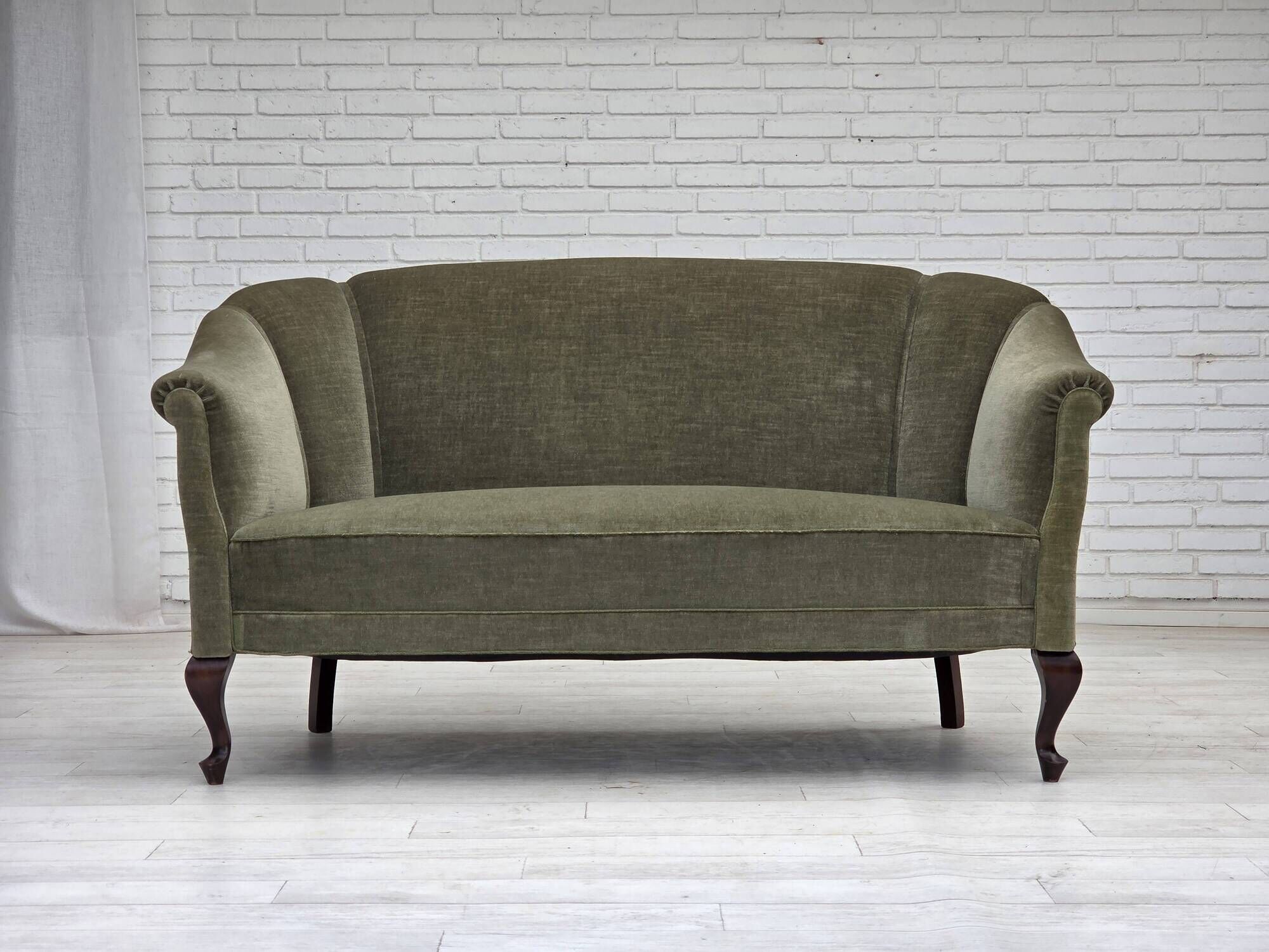 1960s, Danish 2-seater sofa, green furniture velour, beech wood.