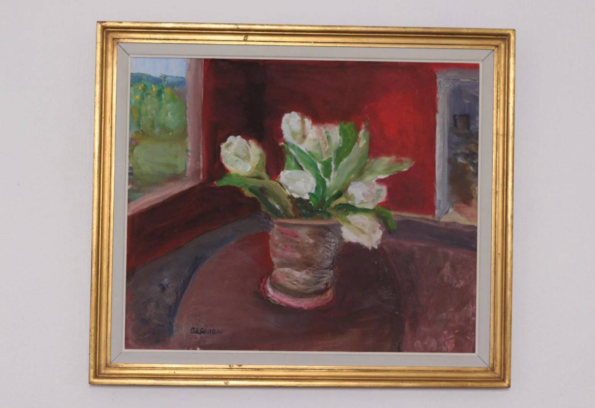 Huile sur toile originale suédoise – « Roses blanches » par Aina Schiller, Arvika