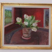 Huile sur toile originale suédoise – « Roses blanches » par Aina Schiller, Arvika