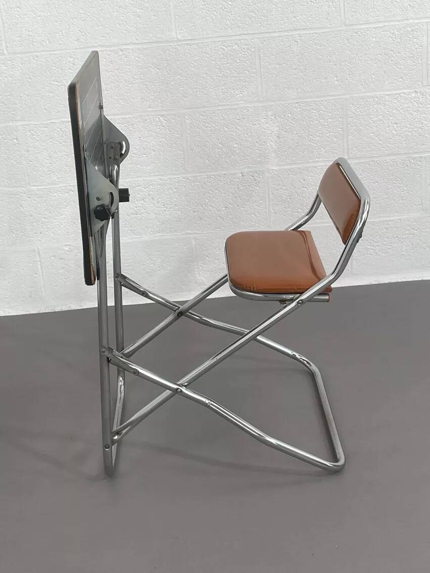 Vintage folding school desk with faux leather seat