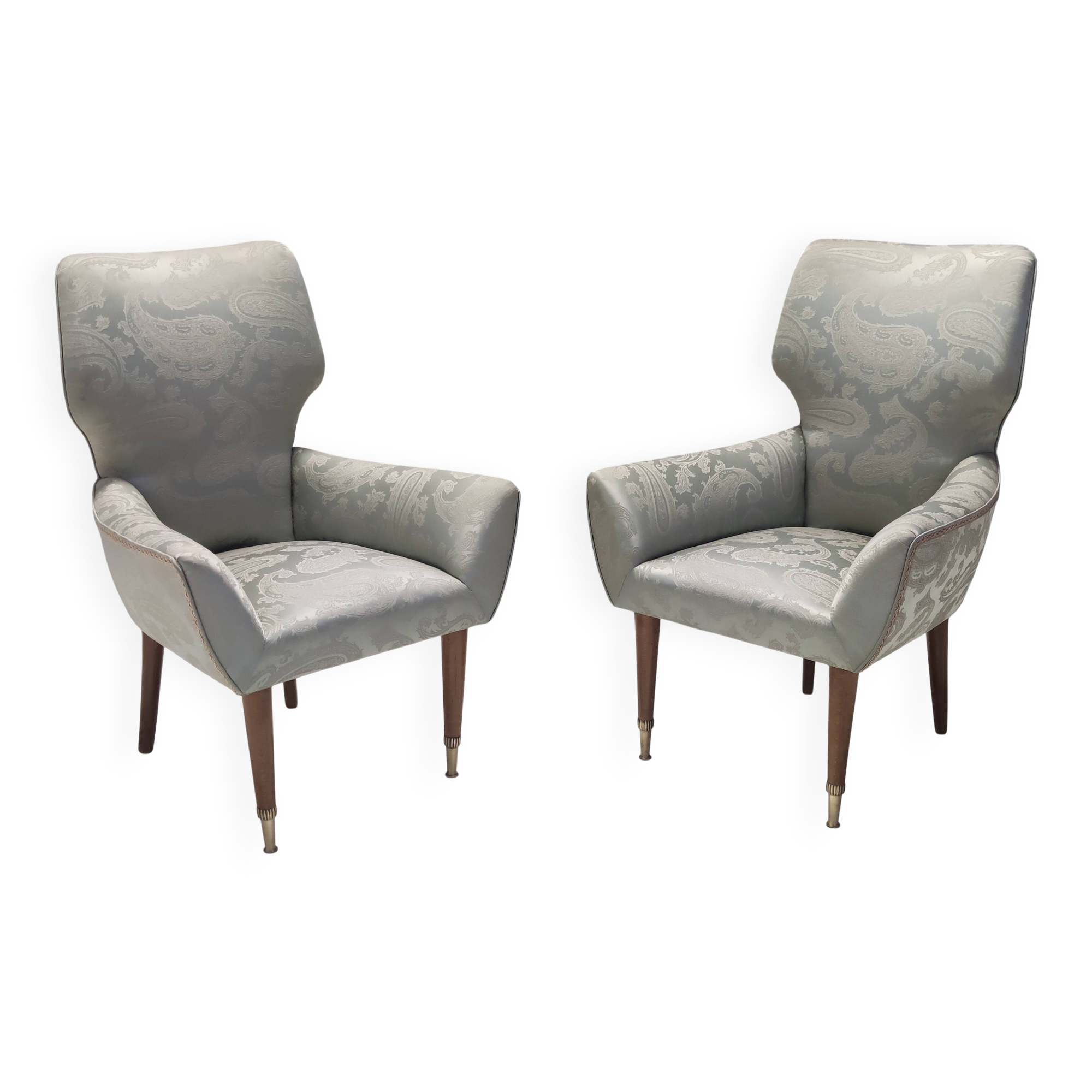 Pair of Grey Satin Lounge Chairs with Walnut Frame and Brass Feet Caps