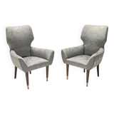 Pair of Grey Satin Lounge Chairs with Walnut Frame and Brass Feet Caps
