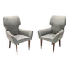 Pair of Grey Satin Lounge Chairs with Walnut Frame and Brass Feet Caps