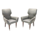 Pair of Grey Satin Lounge Chairs with Walnut Frame and Brass Feet Caps