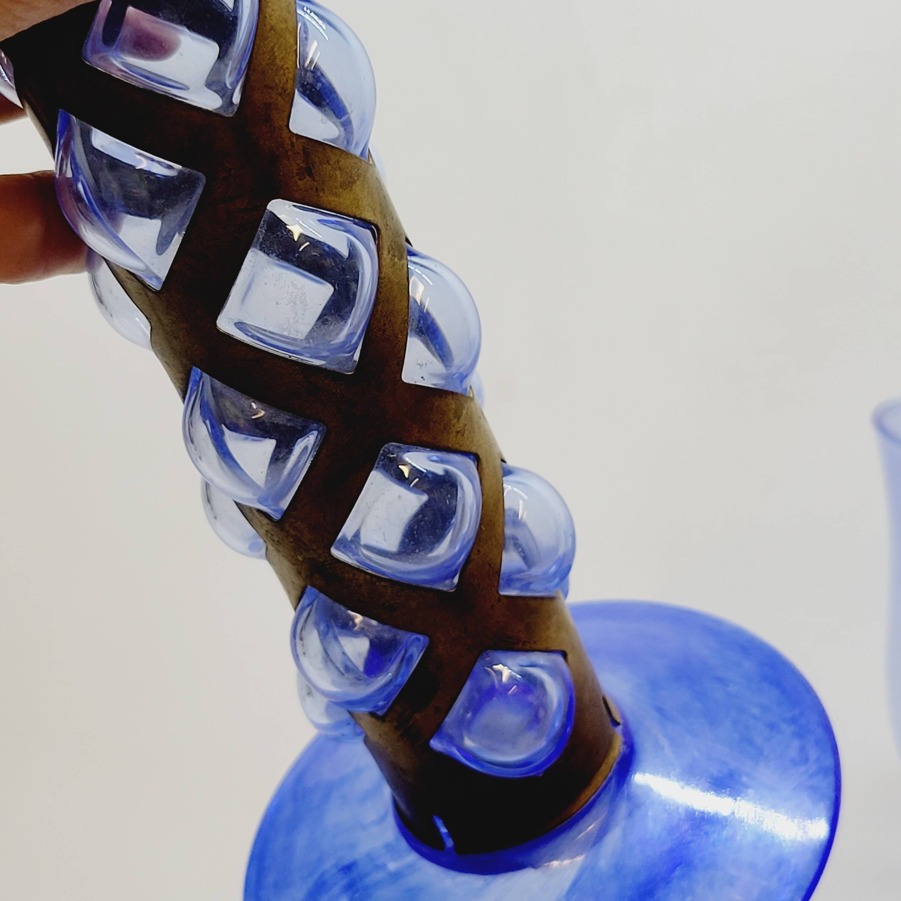 Pair Of Blue Glass Tealight Holders Blown In Cage Dlg Felipe Derflingher