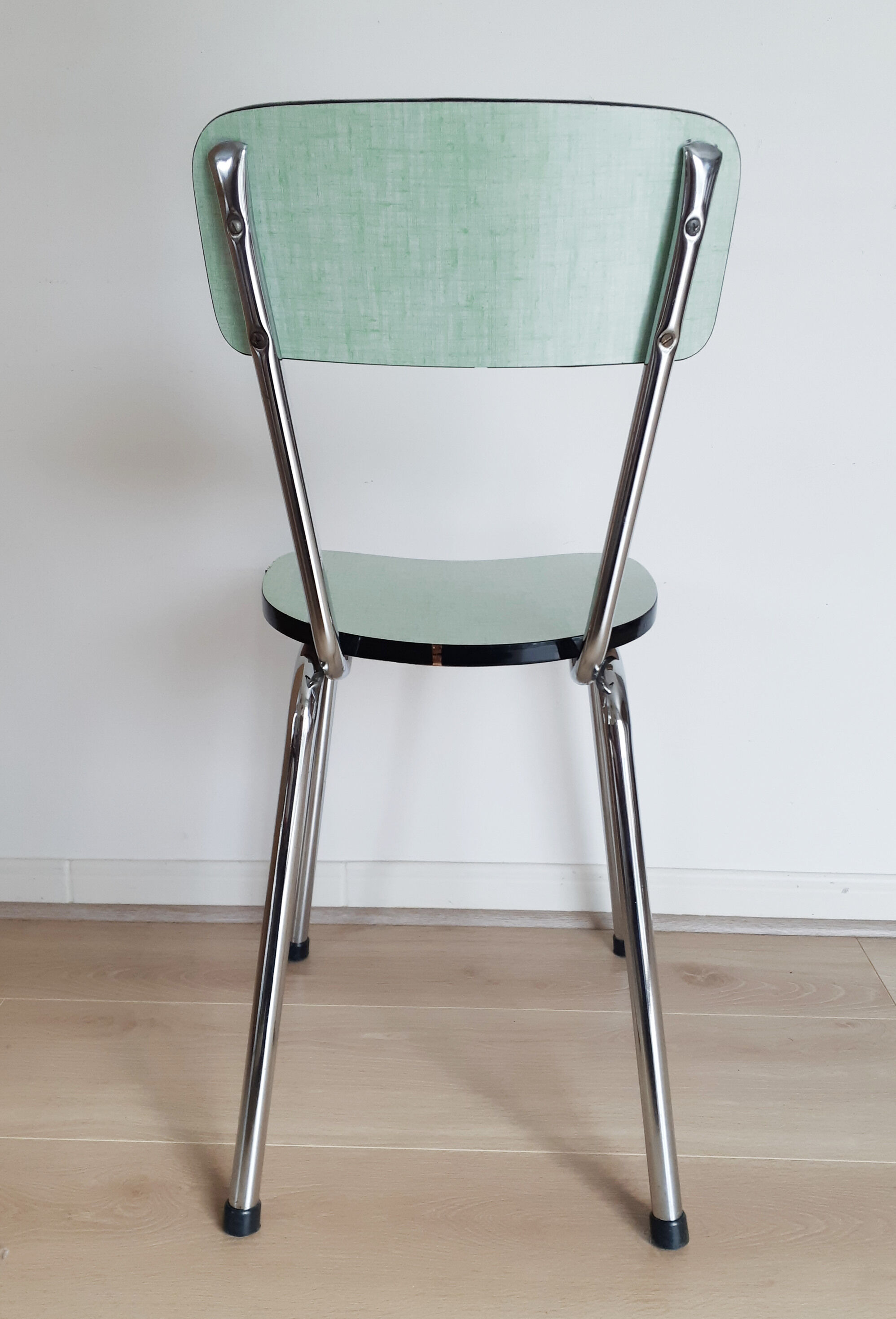 Vintage kitchen chair in green formica and stainless steel, 50s, antique French