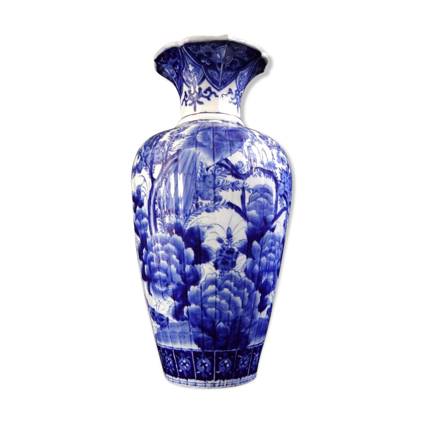 Ancien vase Japonais blanc bleu 54cm oiseau Japon XIX Selency
