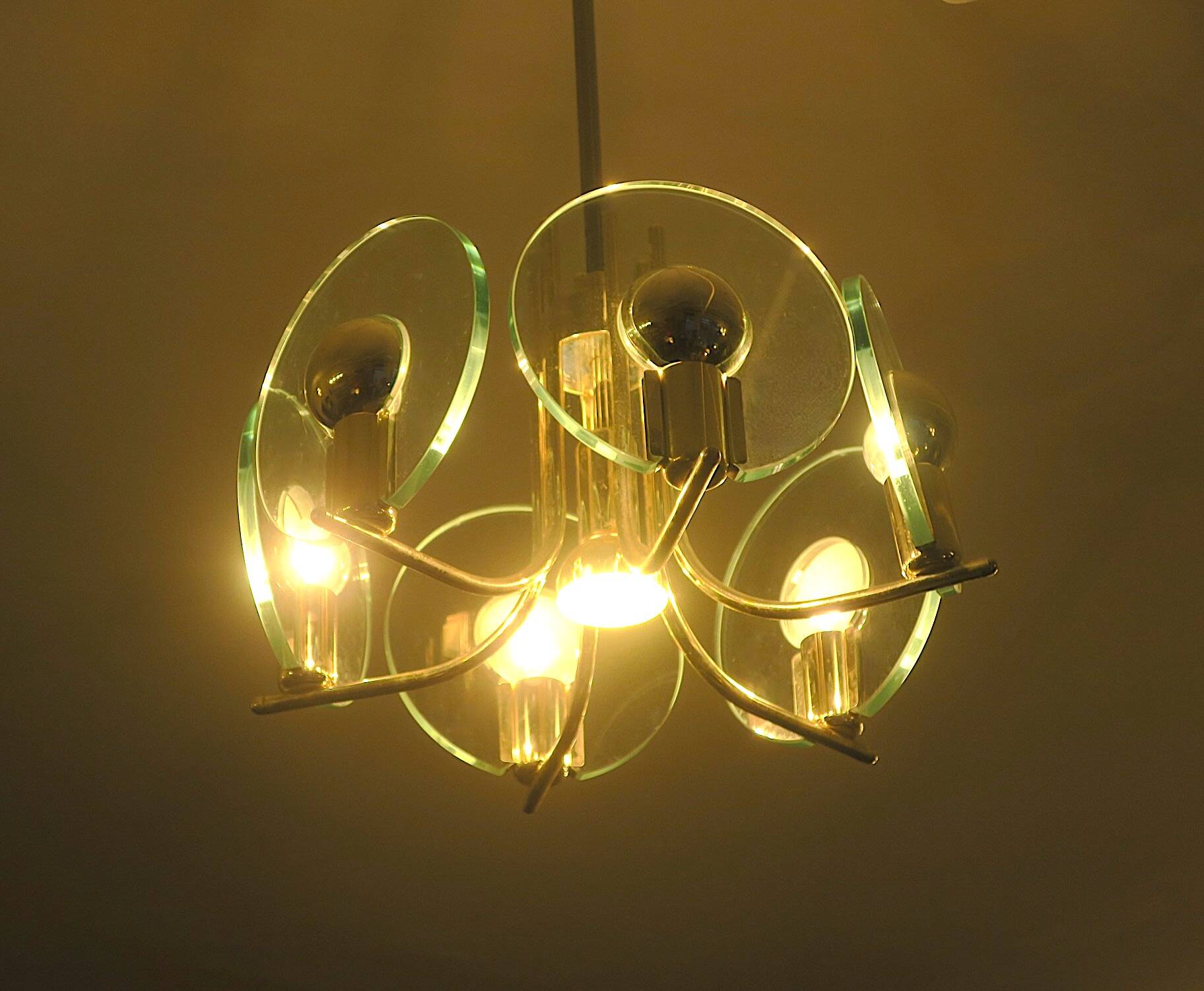 Silver plated chandelier with six crystal glass discs, Italy 1960s