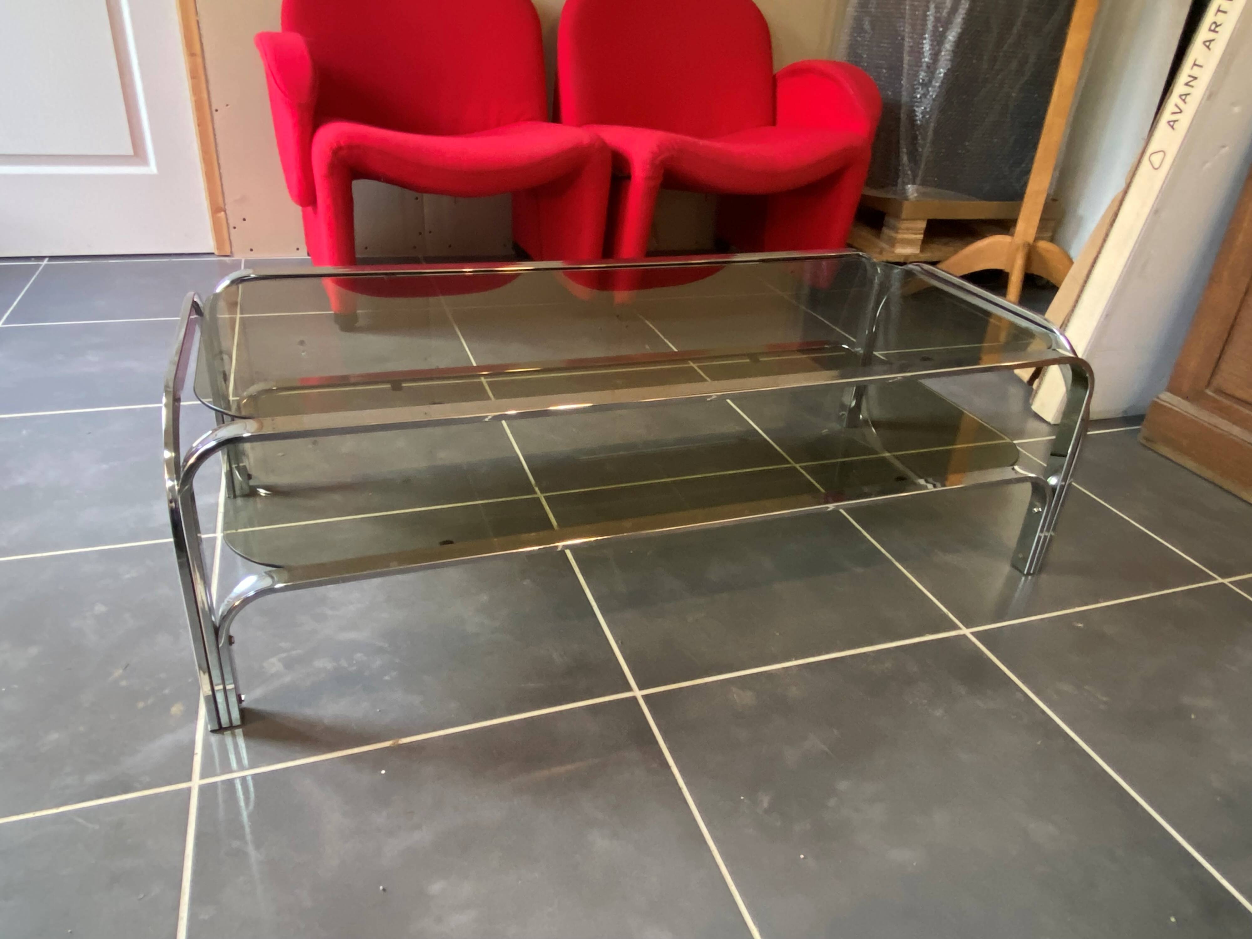 Table basse double plateau verre chrome style Bauhaus vintage 1970