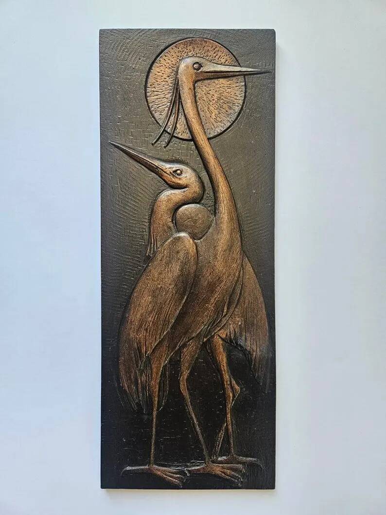 Rare Wall Wood Relief Sculpture of Herons, 1960s
