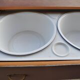 Vintage rustic wooden table painted brown and white with 2 basins, 1940s.