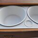 Vintage rustic wooden table painted brown and white with 2 basins, 1940s.