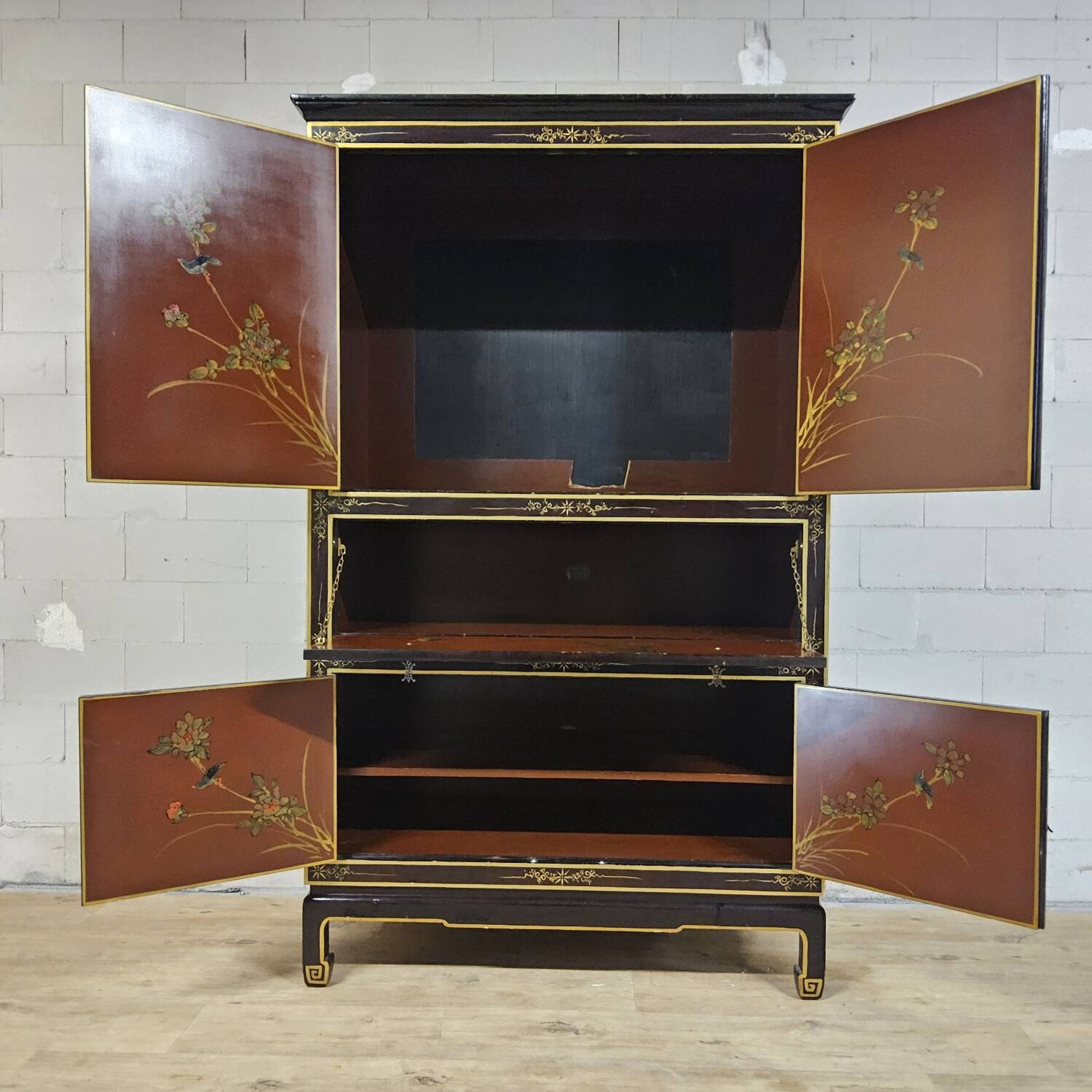 Vintage red / gold Chinese lacquer cabinet with flowers and birds