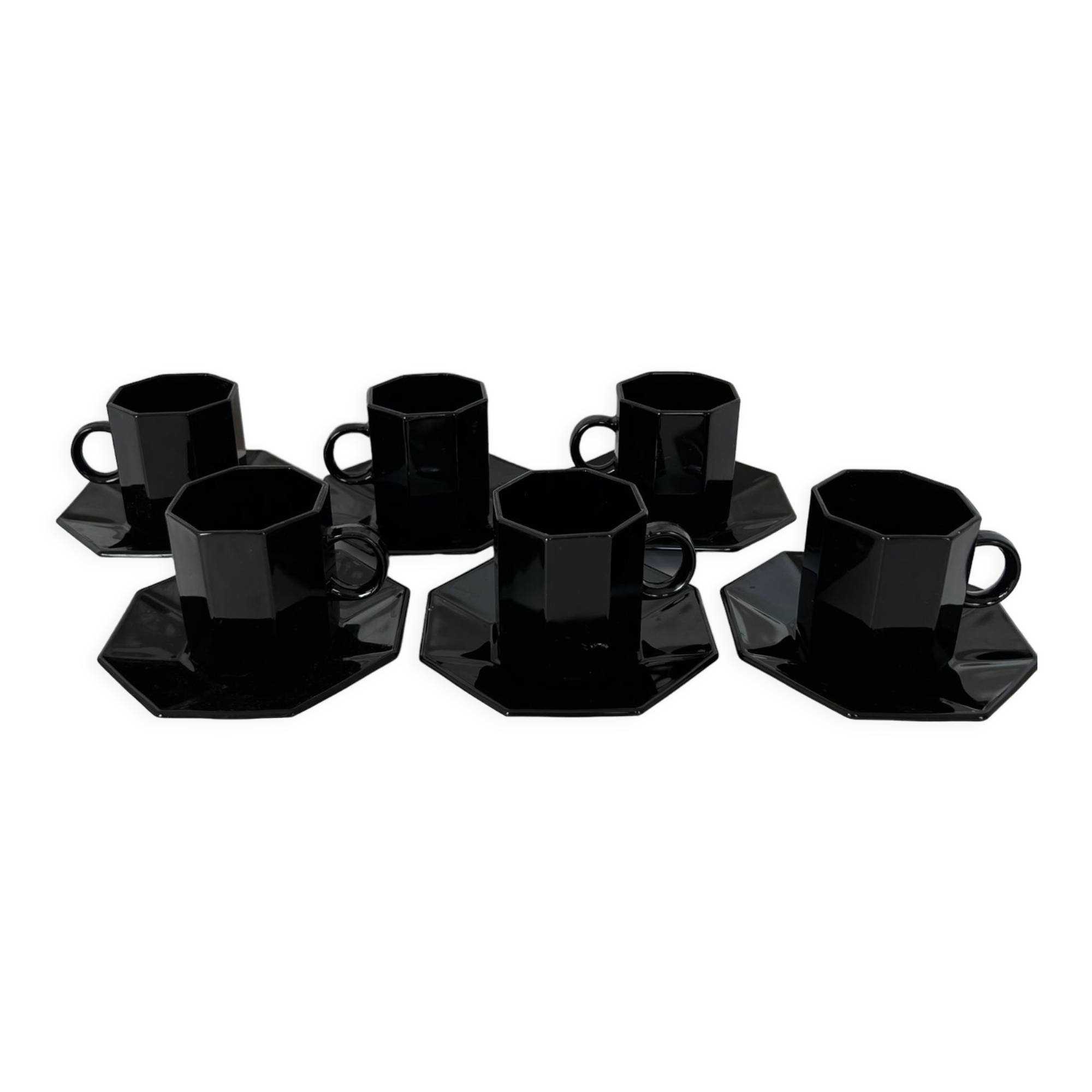 Service 6 tasses à café noires et sous tasses octogonales Octime Arcoroc France collection Esso