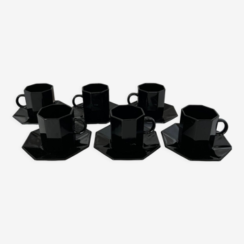Service 6 tasses à café noires et sous tasses octogonales Octime Arcoroc France collection Esso